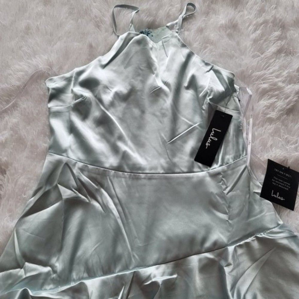 Lulus Mint Blue Satin Tiered Asymmetrical Midi Dress - Picture 14 of 14